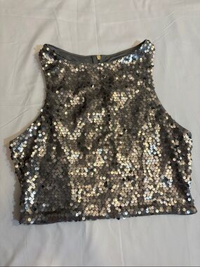 Gunmetal Grey All Over Sequin Crop Full Zip Tank Concert Rave Party Bachelorette